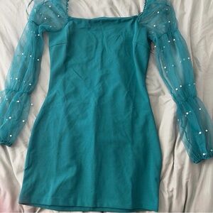 Chic Teal Long Sleeve Dress with Sheer Accents